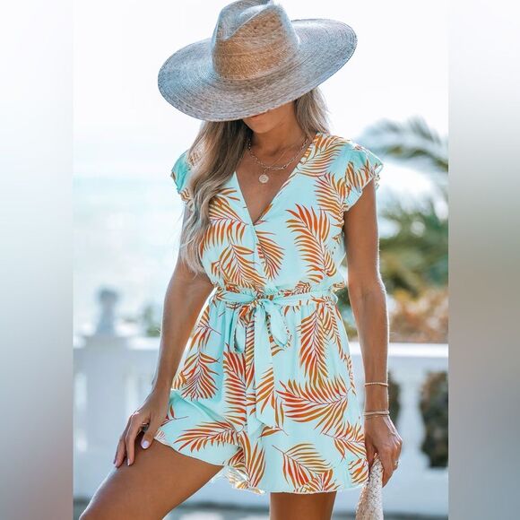 Cupshe Pants - Cupshe Sz SMALL Lightweight Tropical Leaf Romper w/ Stretch Waist, Ruffles #boho